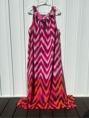 Catherines Plus Size Pink and Orange Maxi Dress with Beaded Halter Neck 2X